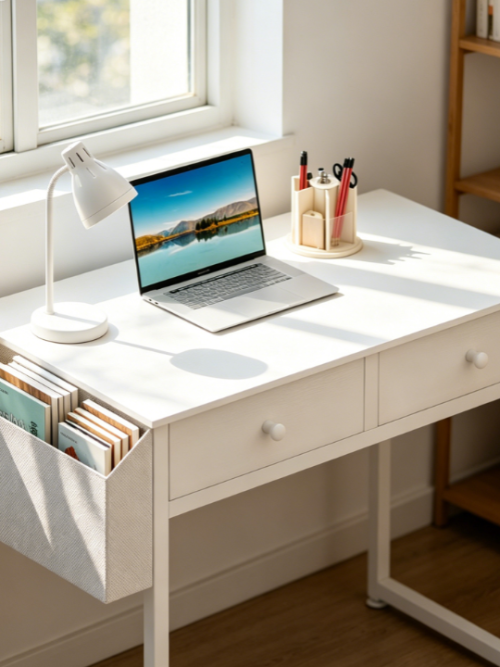 32-Inch White Kids Vanity Desk with Fabric Drawer and Storage Bag